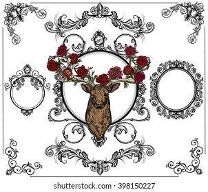 Vector illustration. Hand drawing on a graphic tablet.Set of vintage ornamental frames with deer and flowers on the horns.On a white background.