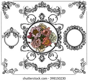 Vector illustration. Hand drawing on a graphic tablet.Peonies in a vintage frames.On a white background.