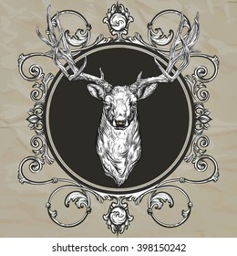 Vector illustration. Hand drawing on a graphic tablet.Vintage ornamental frame with a deer. Against the backdrop of crumpled paper.