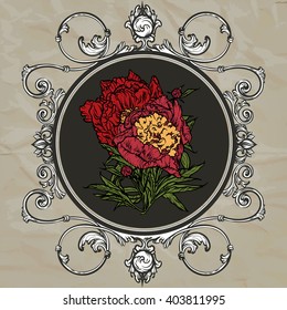 Vector illustration. Hand drawing on a graphic tablet.Peonies in a vintage frame.Against the backdrop of crumpled paper.
