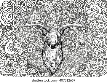 Vector illustration. Hand drawing on a graphic tablet.Horned deer with  ornament.On a white background.