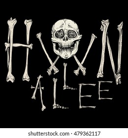 Vector illustration. Hand drawing on a graphic tablet. The inscription of the bone on Halloween, on black background.