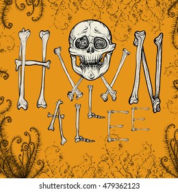 Vector illustration. Hand drawing on a graphic tablet.The inscription of the bone on Halloween on an orange background.