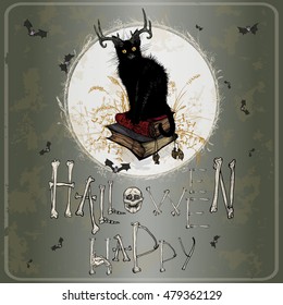 Vector illustration. Hand drawing on a graphic tablet. Halloween picture with a black devil cat.Bone inscription.On a gray background.