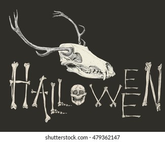 Vector illustration. Hand drawing on a graphic tablet.The inscription of the bone on Halloween, on black background.With the skull and antlers.