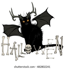 Vector illustration. Hand drawing on a graphic tablet. Halloween picture with a black devil cat.Bone inscription.