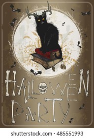 Vector illustration. Hand drawing on a graphic tablet. Halloween picture with a black devil cat.Bone inscription.