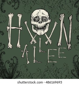 Vector illustration. Hand drawing on a graphic tablet.The inscription of the bone on Halloween on an green background.
