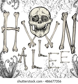 Vector illustration. Hand drawing on a graphic tablet.The inscription of the bone on Halloween on an white background.