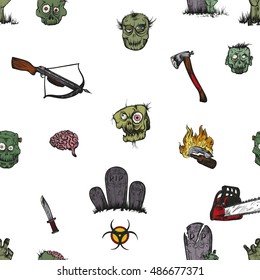 Vector illustration. Hand drawing on a graphic tablet. Seamless pattern of a zombie apocalypse.On a white background.