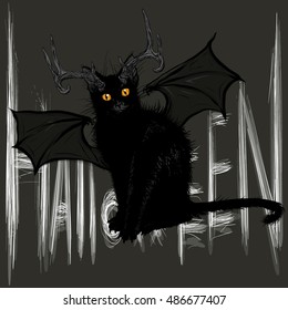 Vector illustration. Hand drawing on a graphic tablet. Halloween picture with a black devil cat .White lettering.