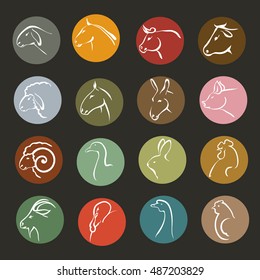Vector illustration. Hand drawing on a graphic tablet.Icons of animals and birds, which are grown on the farm.White contour drawing on the colored circles.