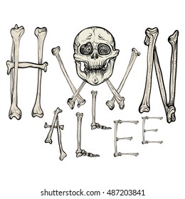 Vector illustration. Hand drawing on a graphic tablet.The inscription of the bone on Halloween on an white background.