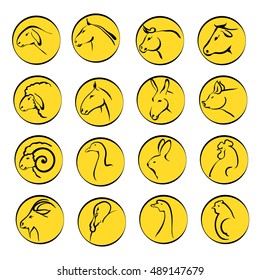 Vector illustration. Hand drawing on a graphic tablet.Icons of animals and birds, which are grown on the farm.White contour drawing in yellow color circle.