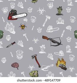 Vector illustration. Hand drawing on a graphic tablet. Seamless pattern of a zombie apocalypse.On a gray background.