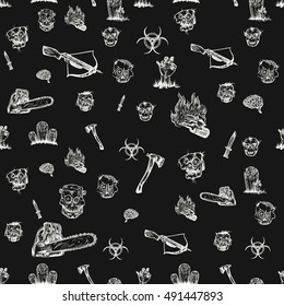 Vector illustration. Hand drawing on a graphic tablet. Seamless pattern of a zombie apocalypse.On a black background.