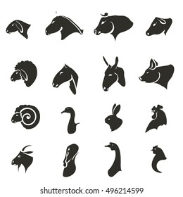 Vector illustration. Hand drawing on a graphic tablet.Icons of animals and birds, which are grown on the farm. Silhouette stencil black.