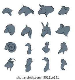 Vector illustration. Hand drawing on a graphic tablet.Icons of animals and birds, which are grown on the farm. Silhouette stencil gray.