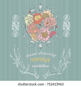 Vector illustration. Hand drawing on a graphic tablet. Peonies and deer horns in a vintage frame.