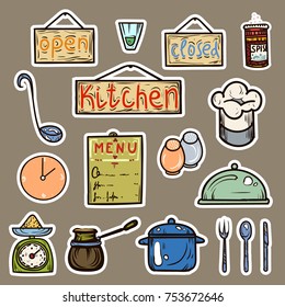  Vector illustration. Hand drawing on a graphic tablet. Stickers of icons, kitchen utensils.