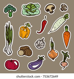  Vector illustration. Hand drawing on a graphic tablet. Stickers of vegetable icons.