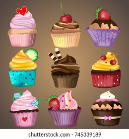 Vector and illustration of hand drawing and painting style of cute cupcakes with whipping cream decorated, isolated on gradient brown background, for bakery or dessert elements or resources