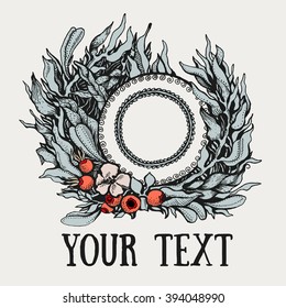 Vector illustration. Hand drawing of pen and ink. Wreath of fantasy leaves on beige background. There are rose hips with flower in the middle.