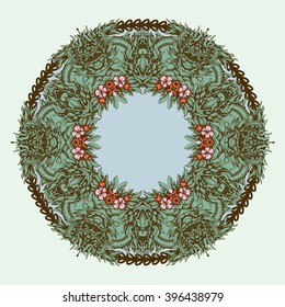 Vector illustration. Hand drawing of pen and ink. Wreath of fantasy leaves on soft color background. There are rose hips with flower in the middle.