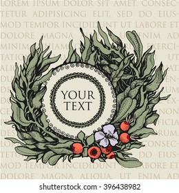 Vector illustration. Hand drawing of pen and ink. Wreath of fantasy leaves on beige background. There are rose hips with flower in the middle