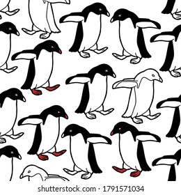 Vector illustration. Hand drawing penguins. Seamless background. Use for wrapping paper, coloring page, wallpaper and web.