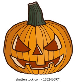 Vector illustration. Hand drawing pumpkin. Isolated on white drawing of a Halloween pumpkin. Holiday decorations and cards.