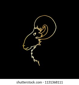 Vector illustration of hand drawing ram head in profile. Golden sketch goat silhouette