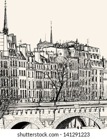 Vektorgrafik einer Handzeichnung, die den Pont Neuf in Paris darstellt