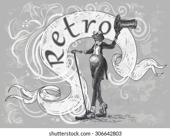 Vector illustration. Hand drawing in a retro style. Frog with a bowler hat.