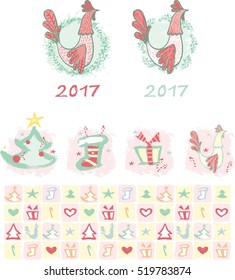Vector illustration, hand drawing of a rooster, new Year. Seamless background. Symbol of the year 2017