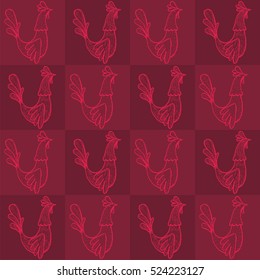 Vector illustration, hand drawing of a rooster, the symbol of the year 2017.Seamless background with a rooster