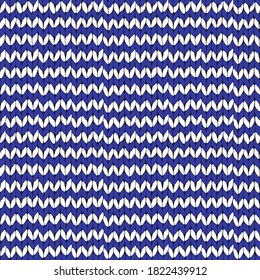 Vector illustration. Hand drawing seamless pattern. Knitted texture. White-blue geometric ornament. Horizontal and vertical stripes.