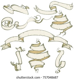 Vector illustration, hand drawing. A set of vintage ribbons. On a light background.