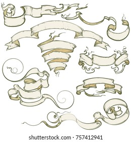 Vector illustration, hand drawing. A set of vintage ribbons. On a light background.