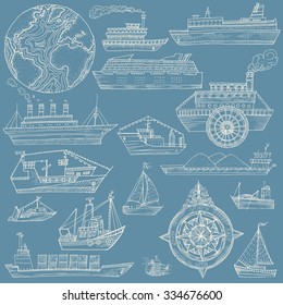 Vector illustration. Hand drawing ships: cruise ships, bathyscaph, boats, yachts. Compass. On a blue background.