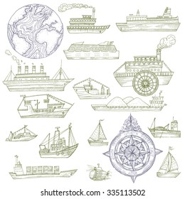 Vector illustration. Hand drawing ships: cruise ships, bathyscaph, boats, yachts. Compass.