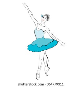 a vector illustration of a hand drawing of a silhouette of a posing ballerina in a blue dress