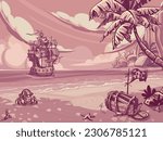 Vector illustration hand drawing sketch. A pirate ship sails under filled sails into the bay of the island. On the shore there is a palm tree, a broken barrel, a crab, flasks of rum, a starfish.