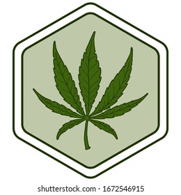  Ilustración vectorial. Dibujo manual. Hojas de marihuana en el hexágono. Hoja verde de cannabis.Aislado sobre un blanco.