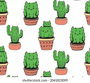 Vector illustration hand drawing sketch cute kawaii cat cactus in a flower bed with a flower in anime style with the inscription.pattern 