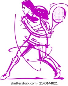 the vector illustration hand drawing sketch big tennis woman athlete doing hit by tennis rocket 