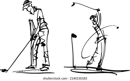 el dibujo de la mano de la ilustración vectorial del jugador de golf retorcido en acción con palo de golf