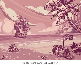 Vector illustration hand drawing sketch. A pirate ship sails under filled sails into the bay of the island. On the shore there is a palm tree, a broken barrel, a crab, flasks of rum, a starfish.