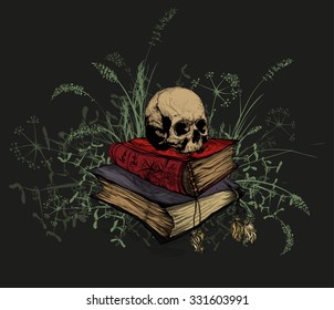 Vector illustration. Hand drawing of a skull in the occult books surrounded the outfield grass. On a dark background.