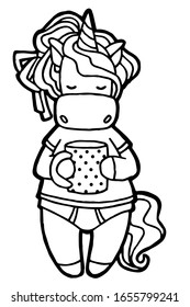 Vector illustration. Hand drawing. Sleepy cartoon unicorn with a cup in hand. Isolated on white. Coloring page. Cute character. The original print. Morning routine.